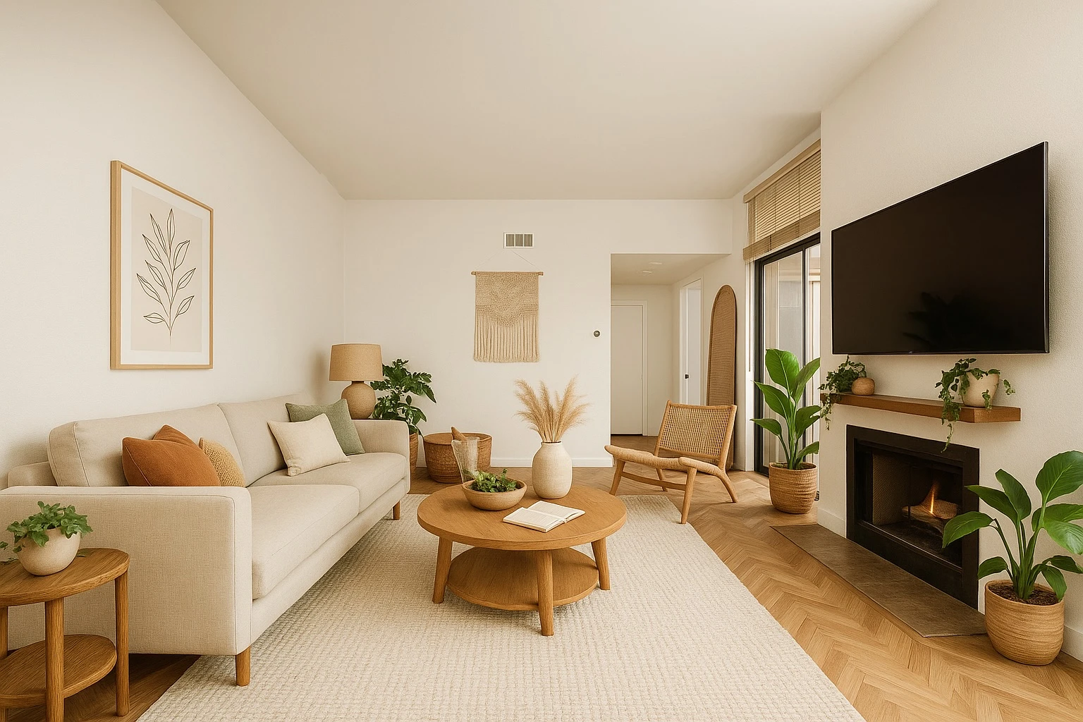 Après - Salon transformé en espace convivial, avec un design moderne et organique